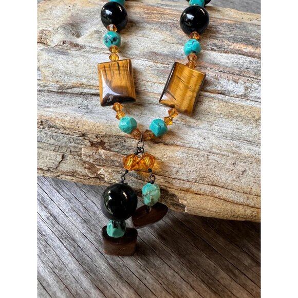 Tiger's Eye Turquoise & Black Onyx Beaded Necklace With Silver Clasp - Picture 6 of 7